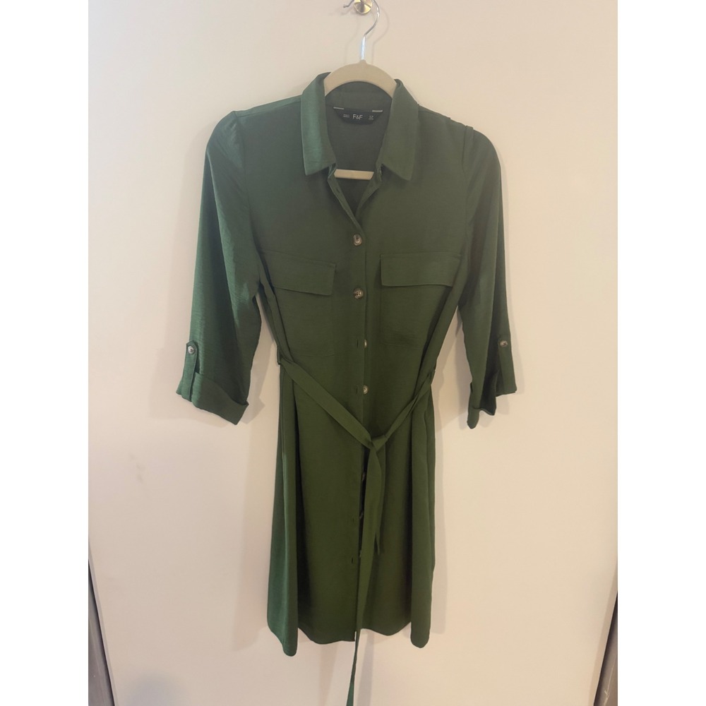 F&F Womens Olive Green Button Down Utility Shirt Dress Tie Waist Size US 6